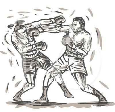 A drawing of two boxers fighting in the ring